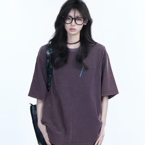 Washed Black Loose-Fit Short Sleeve T-Shirt for Women with Embroidered Half Sleeves – American Street Style, Casual 90s Aesthetic