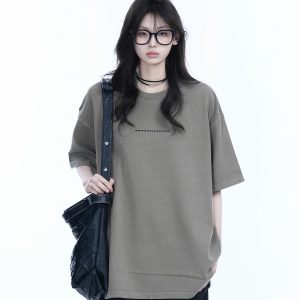 Washed Distressed Short Sleeve T-Shirt for Women - American Street Style with Unique Loose Round Neck