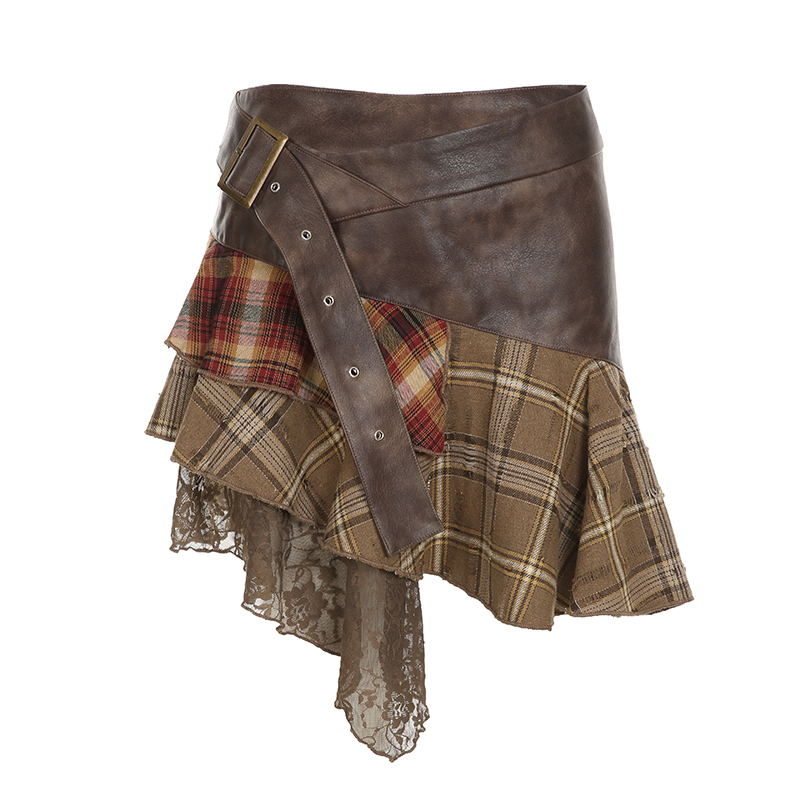 Wasteland Ultra-Complex Splicing Design Half Skirt for Women - Irregular Checkered Niche Pleated Skirt, Y2K Fashion