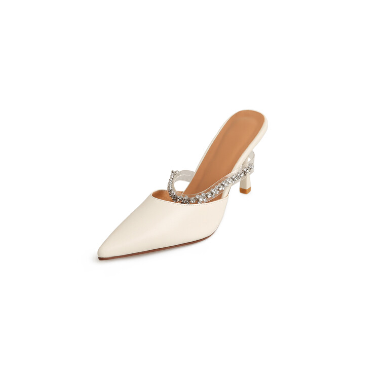 White High-Heeled Sandals for Women with Single Strap and Rhinestone Accent - Stylish Summer Footwear