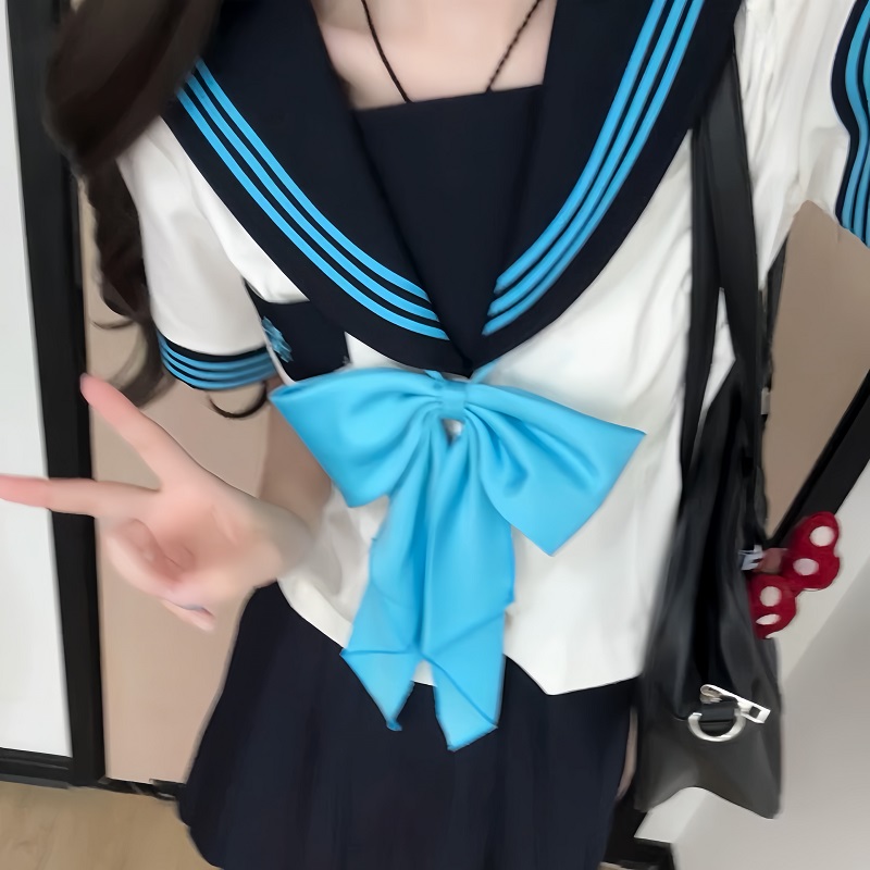 White JK Uniform Sailor Suit with Camellia Design - Women's Waist-Defined College Style Summer Short Sleeve Set