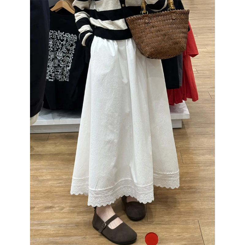 White Lace Splicing A-Line Half-Length Skirt for Women - 2025 New Style, Perfect for Petite Pear-Shaped Figures
