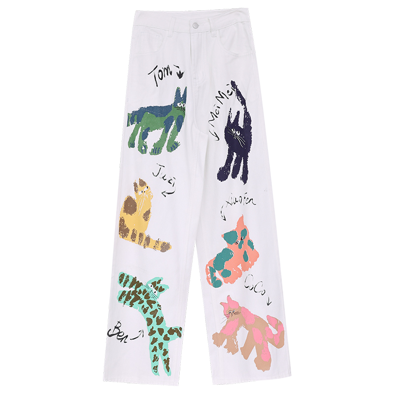White Printed Graffiti Jeans for Women - Slim Straight Pants for Fall Fashion, Trendy Casual Style, Y2K Inspired
