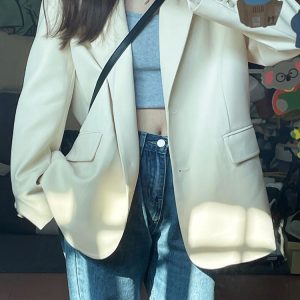 White Women's Blazer - High-End Street Fashion Suit Jacket, Loose Casual Silhouette, Slim Fit for Spring & Autumn 2025