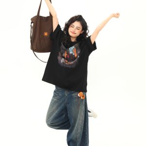 Wild A-Zi Short Sleeve T-Shirt for Women with American Vintage Cartoon Print - Casual Loose-Fit Round Neck Top for Trendy Style
