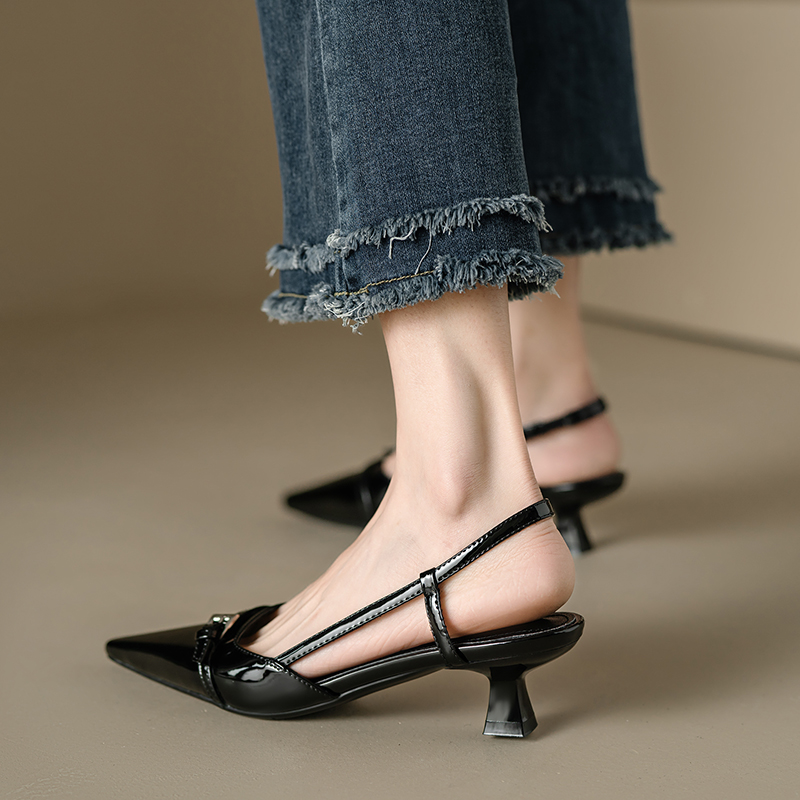 Wine Red Patent Leather Cat Heel Sandals - Vintage Closed Toe, Pointed Toe Design, Italian Style Low Heels