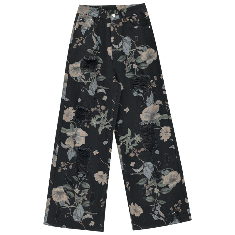 Women's 2024 Loose Draped Straight Wide-Leg Ripped Jeans in Washed Black - Trendy Vintage-Inspired Casual Pants