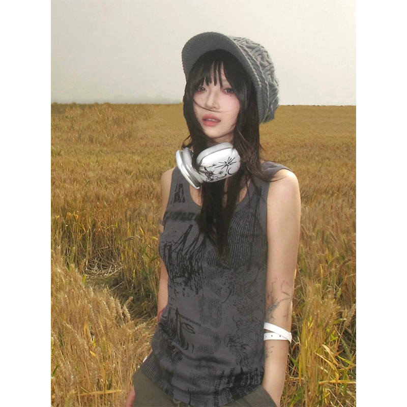 Women's American Retro Printed Punk Camisole T-Shirt - Slim Fit Sleeveless Summer Street Style Top