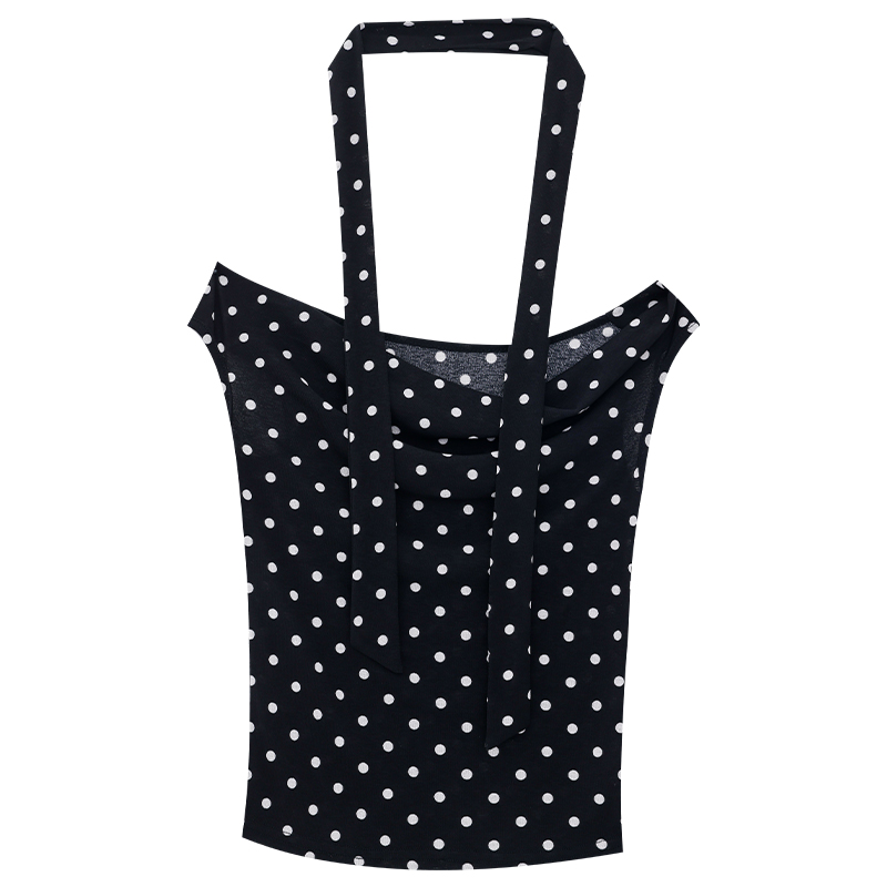 Women's Black Dot Design Printed Short Sleeve T-Shirt, Slim Fit Off-the-Shoulder Style, Trendy Y2K Fashion