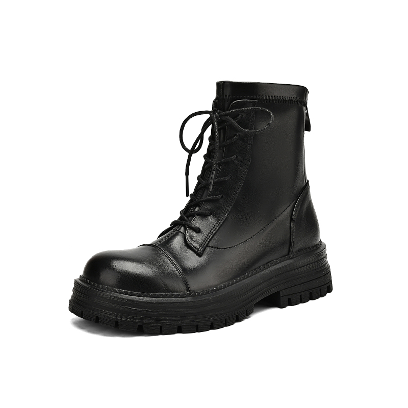 Women's Black Lace-Up Thick-Soled Martin Boots in First-Layer Cowhide - Stylish Short Boots for Fall and Winter