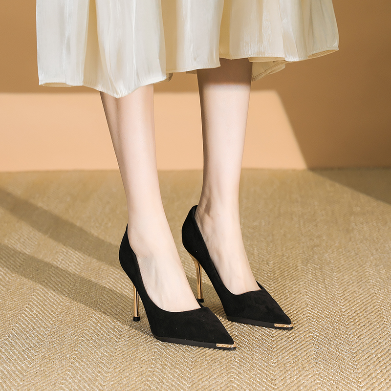 Women's Black Suede Pointed-Toe High-Heeled Shoes, Thin-Heel Slip-Ons for Spring & Autumn, Versatile Work & Commuting Footwear 2025