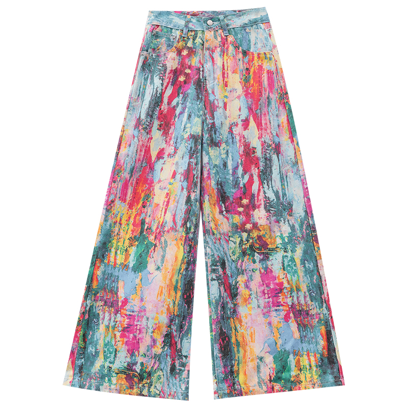 Women’s Color Palette Printed Splash Oil Painting Wide-Leg Jeans - 2025 Spring Fashion, Color Matching, Trendy Art-Inspired Design