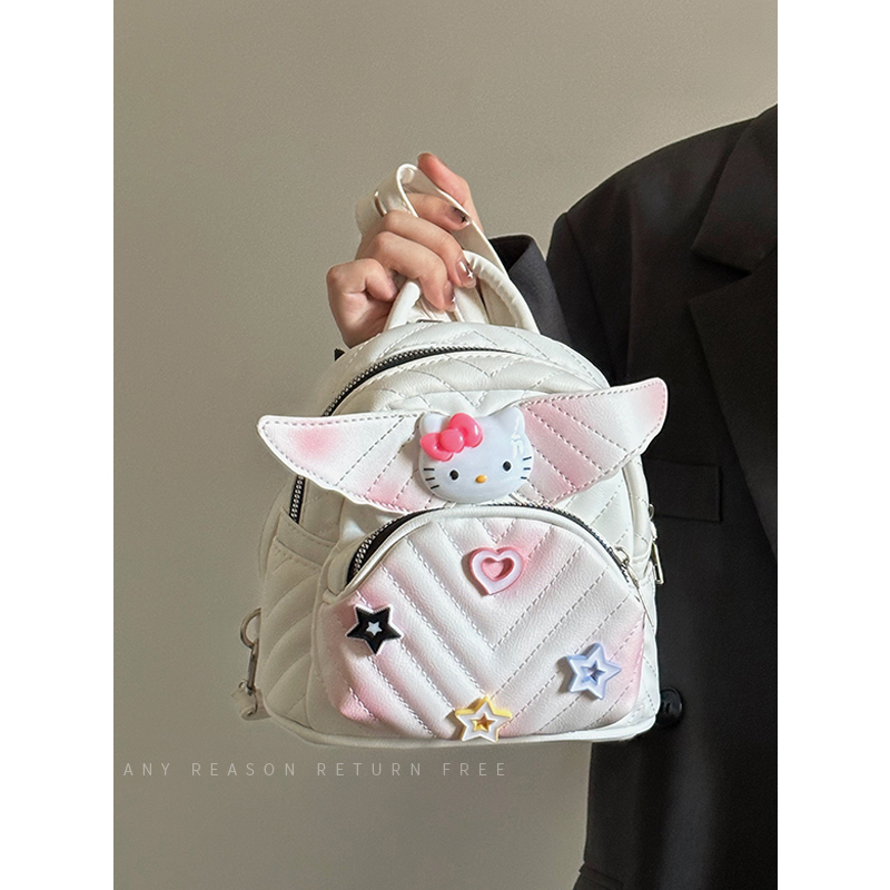 Women's Diamond Quilted Embroidered KT Wings Backpack - Cute Casual 2024 Fashionable Bag