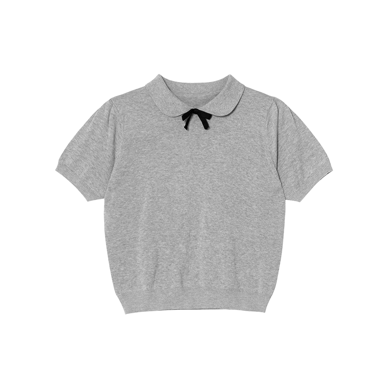 Women's Doll Collar Bow Short-Sleeve Knitted Top - Loose Fit Spring/Summer 2025, Cute and Simple Style