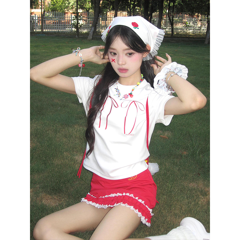 Women's Fitted Bow Tie Print T-Shirt - Sweet and Spicy Short Sleeve Top, Summer Style, Pure Cotton, Slimming Fit