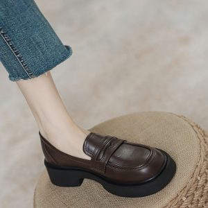 Women's Genuine Leather Black Loafers - Slip-On British Style with Thick Soles, Perfect for Autumn and Winter 2025 Fashion