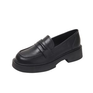 Women's Genuine Leather Black Loafers - Slip-On British Style with Thick Soles, Perfect for Autumn and Winter 2025 Fashion