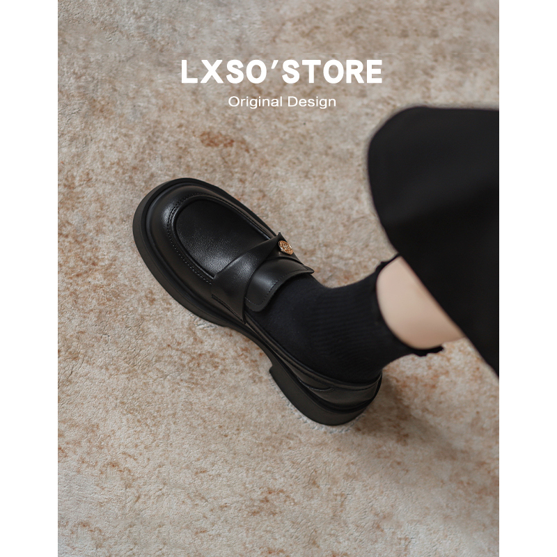 Women's Genuine Leather British Style Coin Loafers - Black Slip-On Thick-Soled Shoes for Spring and Autumn 2025