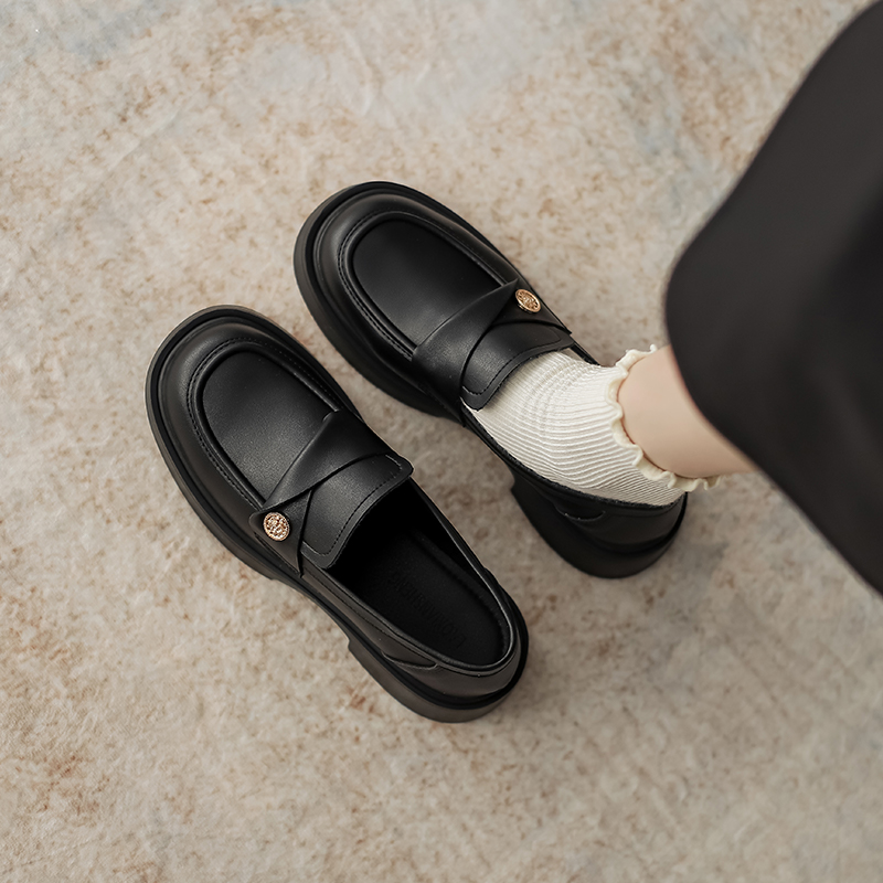 Women's Genuine Leather Coin Loafers, British Style Thick-Heeled Slip-On Shoes for Autumn/Winter 2025, Chunky Sole Design