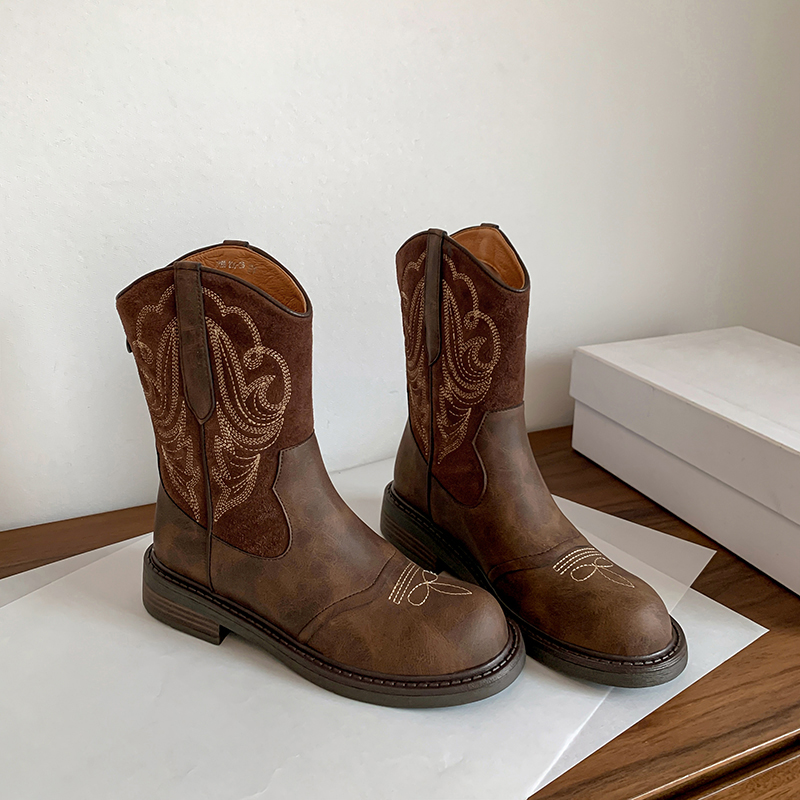 Women's Genuine Leather Embroidered Western Short Boots - British Retro Knight Style, Summer Martin Boots, European & American Fashion
