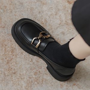 Women's Genuine Leather Loafers, Retro British Style, Thick-Soled Slip-On Shoes for Spring & Autumn, 2025 New JK Design