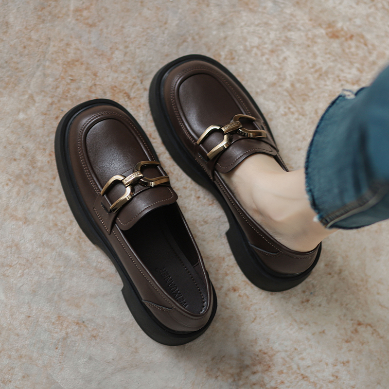 Women's Genuine Leather Loafers, Retro British Style, Thick-Soled Slip-On Shoes for Spring & Autumn, 2025 New JK Design