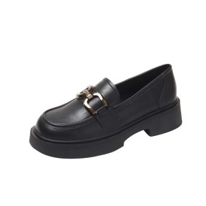 Women's Genuine Leather Loafers, Retro British Style, Thick-Soled Slip-On Shoes for Spring & Autumn, 2025 New JK Design