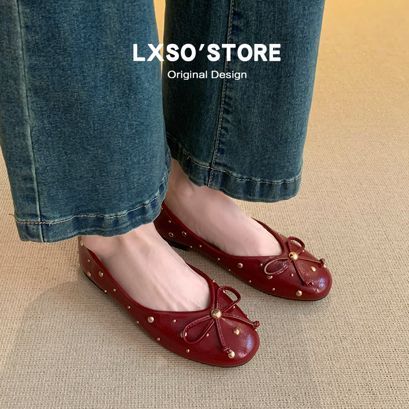 Women's Genuine Leather Red Ballet Flats with Bow, Versatile Retro Mary Jane Shoes for Commuting and Everyday Wear