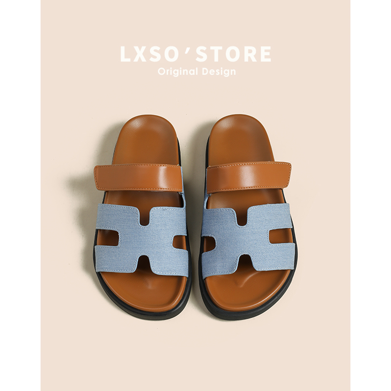 Women's Genuine Leather Velcro H Sandals - 2025 Summer Outdoor Casual Beach Shoes with Thick Sole
