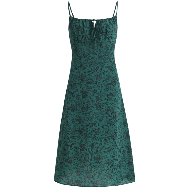 Women's Green Floral Print Long Dress with Straps and Drawstring - French Style Summer Vacation 2025 Fashion