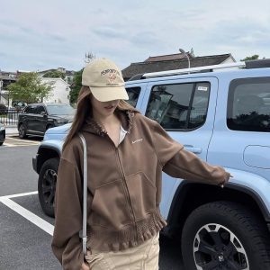 Women's Heartbeat Design Hooded Jacket - Spring Zippered Loose Fit Versatile Short Sweatshirt for Casual Y2K Style
