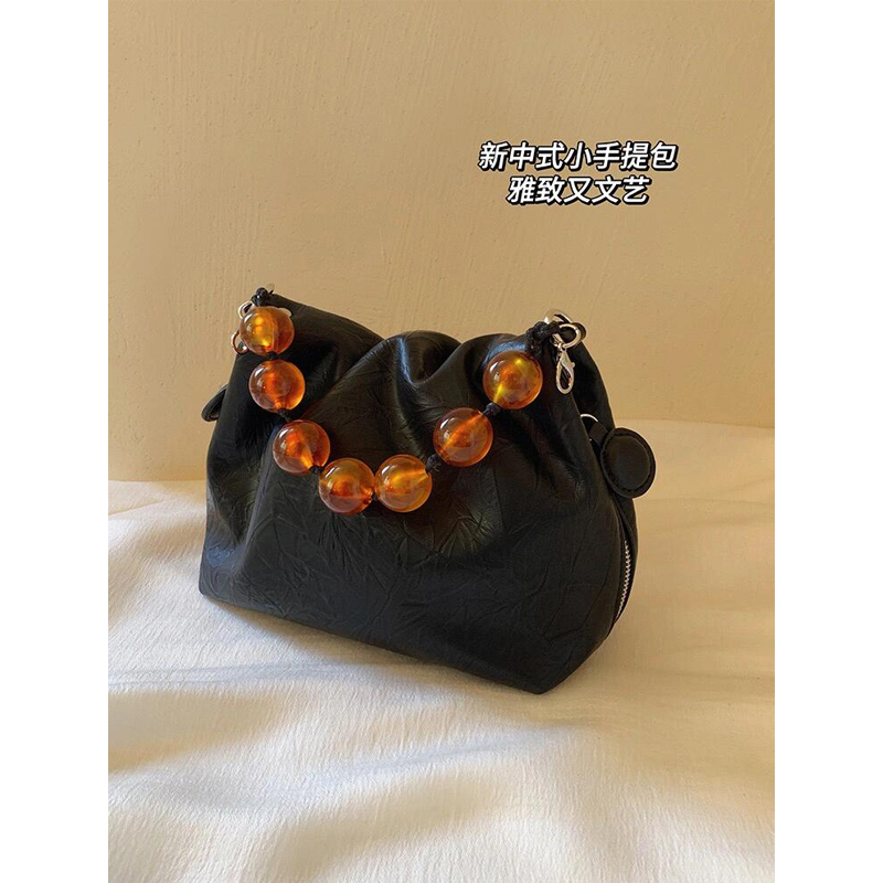 Women's High-End Textured Beaded Black Tote Crossbody Bag - 2024 Spring Summer Chinese Style Commuter Accessory