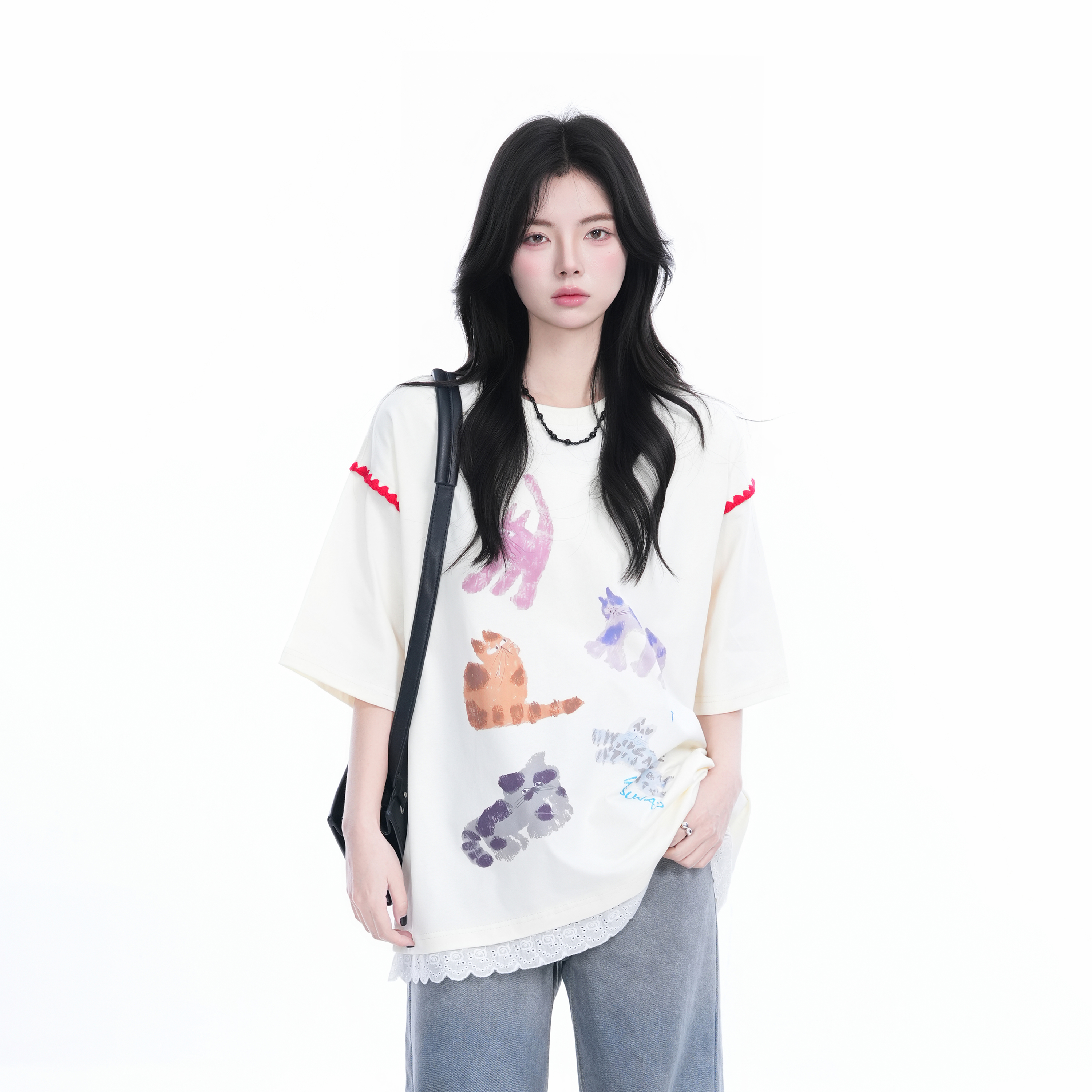 Women's Loose Cute Fake Two-Piece Lace Spliced Cat Graffiti Short Sleeve T-Shirt - Trendy Y2K Style