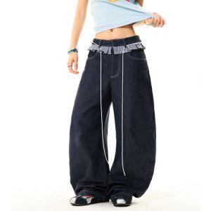 Women's Loose Wide-Leg Patchwork Plaid Ruffled Edge Curved Blade Jeans - American Style Fashion