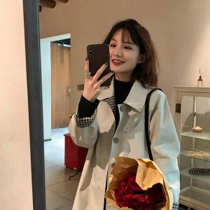 Women's Mid-Length Trench Coat - 2025 Spring Autumn Plaid Chic Style, Small Size, Korean Fashion for Early Fall