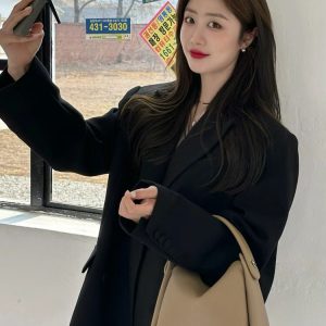 Women's Oversized Black Double-Breasted Suit Jacket - Trendy 2025 Spring Style, Loose Silhouette, High-End Fashion