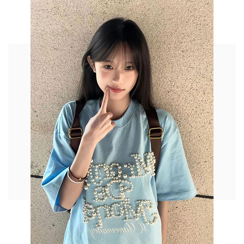 Women's Oversized Blue Heavyweight T-Shirt - American College Style with Pearl Letter Detail, Short Sleeve, Round Neck