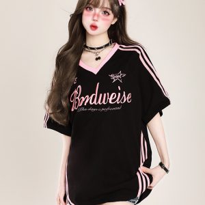 Women's Oversized Color-Block V-Neck T-Shirt - Retro Casual Summer Short Sleeve Top