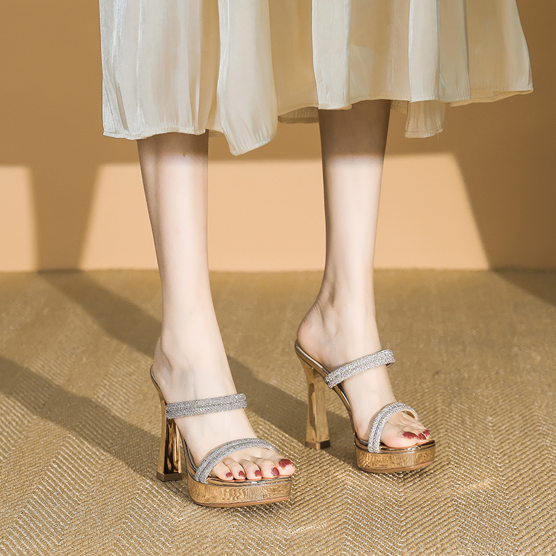 Women's Rhinestone Ultra-High Heel Sandals - 11CM Chunky Heel One-Strap Platform Shoes for Summer 2025 Fashion