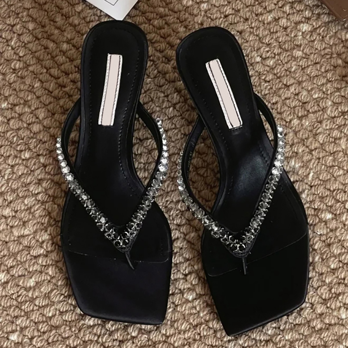 Women's Sheepskin High-Heeled Flip-Flops with Rhinestones, Square-Toed Casual Vacation Sandals, French Elegant Style