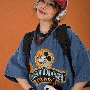 Women's Short Sleeve Denim T-Shirt with Cartoon Embroidery - Loose Fit, Round Neck, Summer Style, Vintage-Inspired