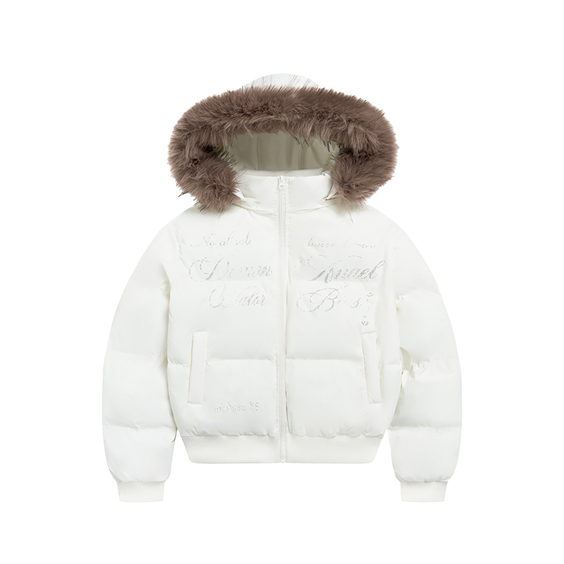 Women's Slim-Fit Black and White Short Cotton Coat with Removable Fur Collar for Winter Fashion