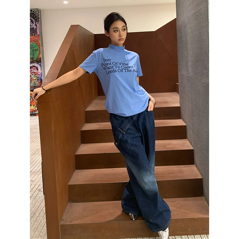 Women's Slim-Fit High-Neck Short Sleeve T-Shirt - American Style Summer Top - Pure Cotton, Comfortable Fit