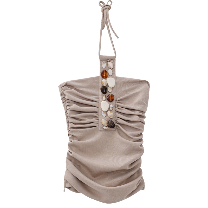 Women's Slim Fit Pleated Bustier Top with Decorative Neck Hanging Strap - Stylish Coast Design for a Chic Look