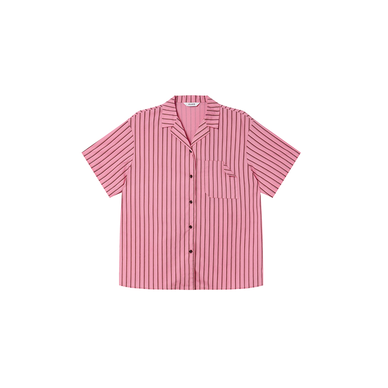 Women's Solid Color Striped Shirt with Folded Corner Pocket, Loose Cuban Collar, Summer 2025 Casual Style