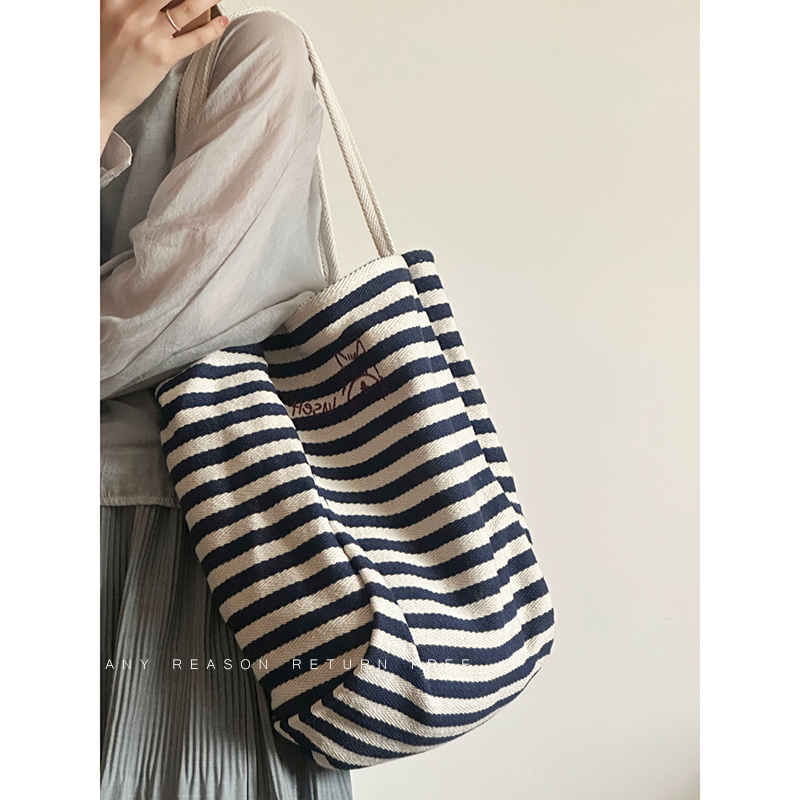 Women's Striped Canvas Tote Bag 2024 - Large Capacity Shoulder Bag for Students, Casual Commuting, Everyday Use