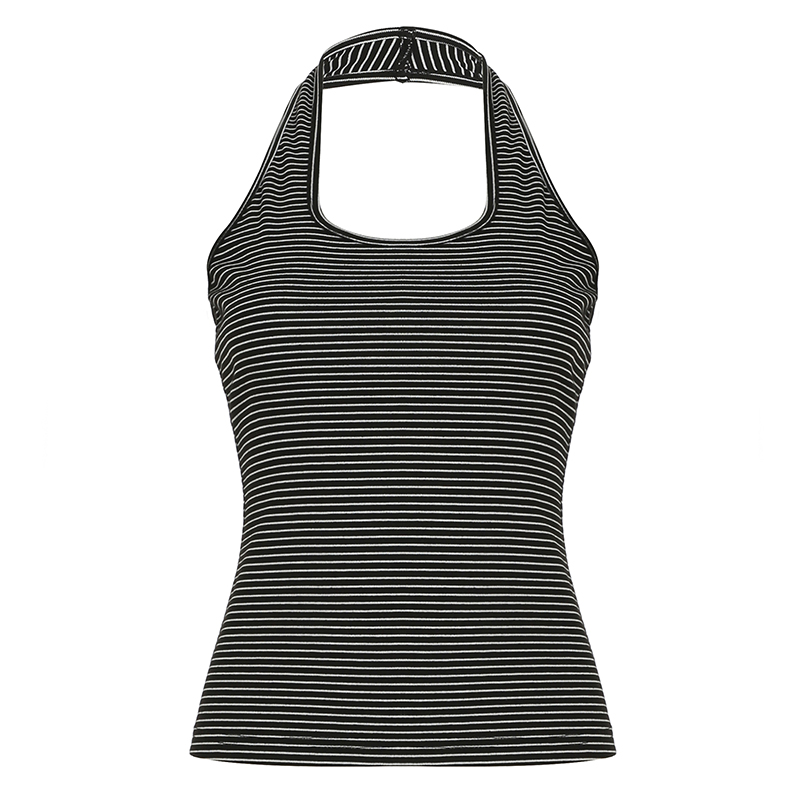 Women's Striped Halter Neck Backless Tank Top - Casual Slim Fit Summer Camisole for Versatile 90s Y2K Style