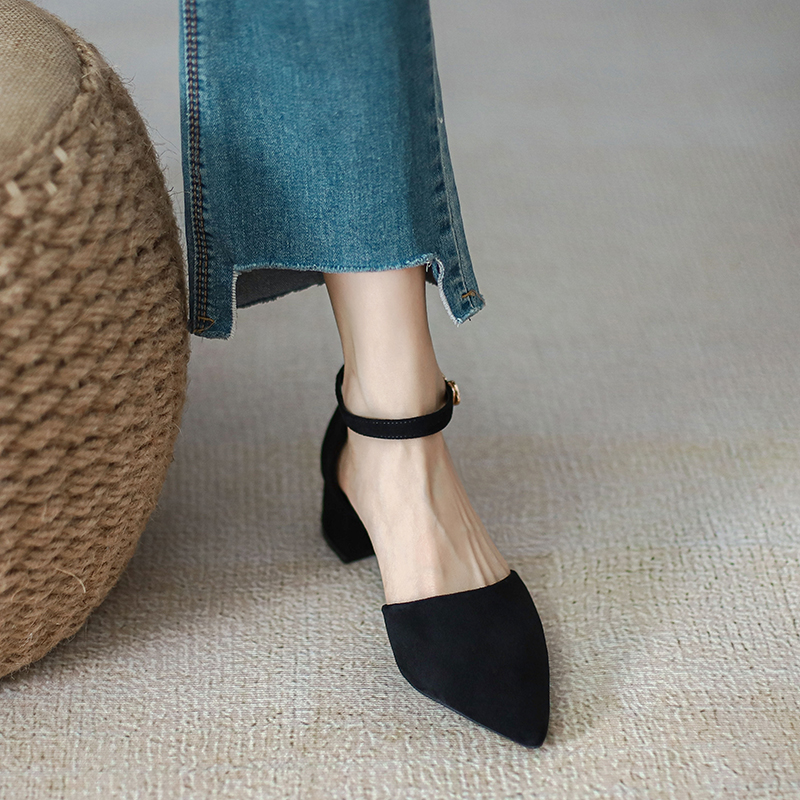 Women's Summer Closed-Toe Chunky Heel Sandals - Mid-Heel Fairy Style One Strap Shoes for Work and Casual Wear