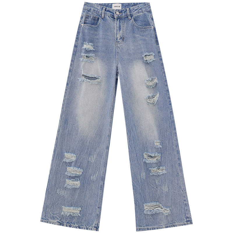 Women's Summer Loose Wide-Leg Jeans - Distressed American Style, Sea Salt Wash, Trendy Casual Fashion