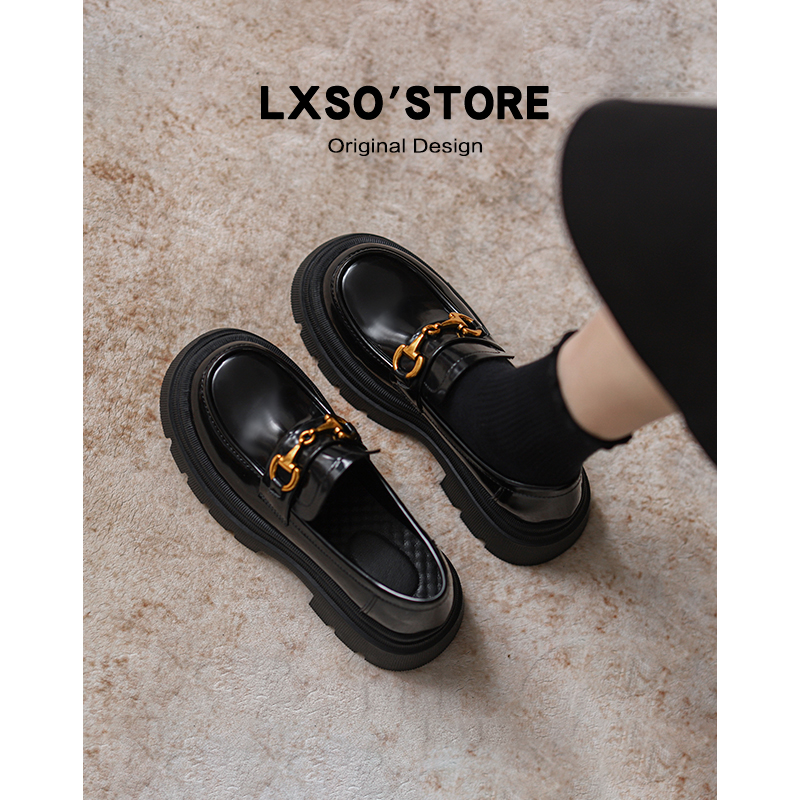 Women's Thick-Soled Chunky Heel Loafers - British Style Black Slip-On Genuine Leather Flats for Height-Increasing Comfort
